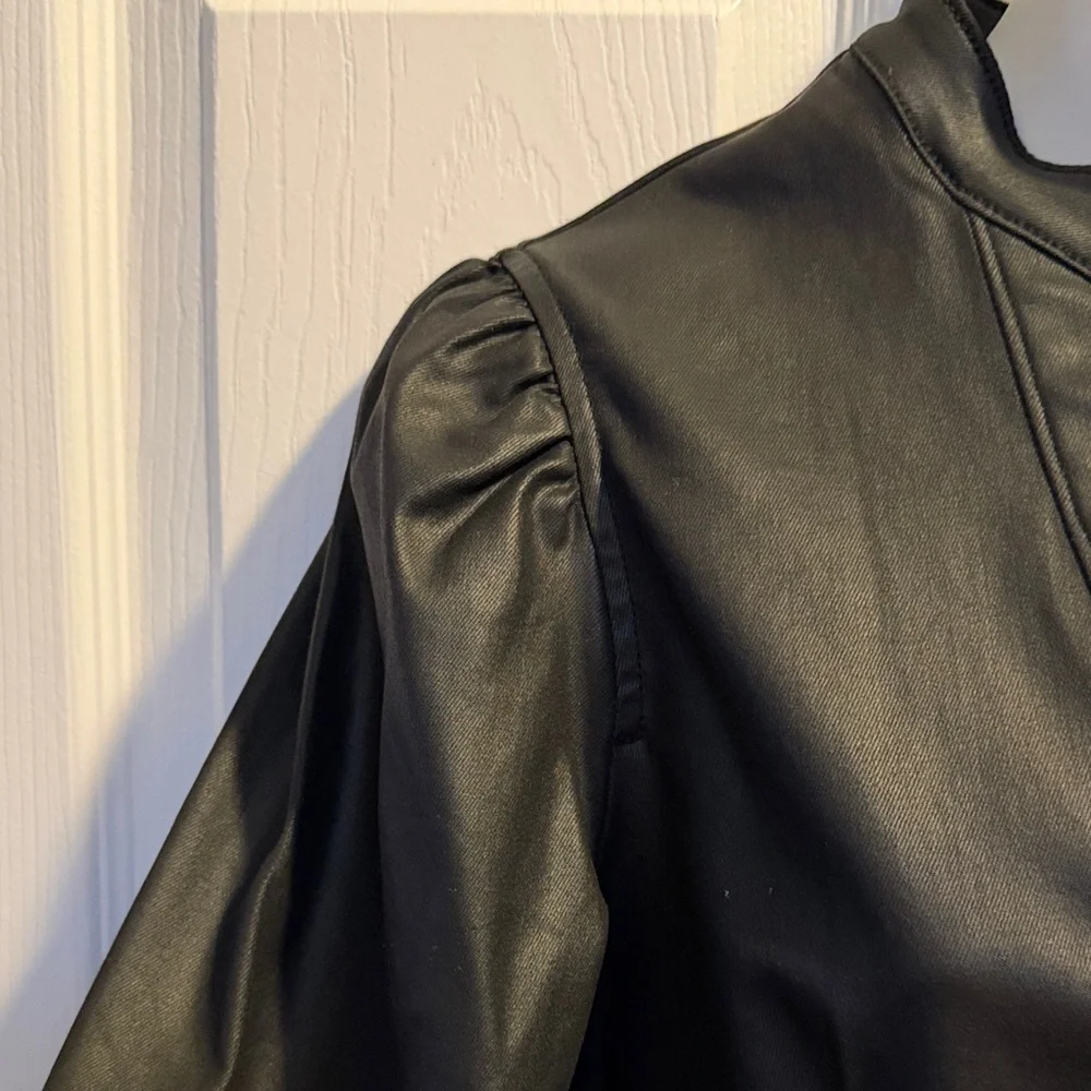 White House Black Market Coated Denim Puff Sleeve Blouse - Picture 6 of 10